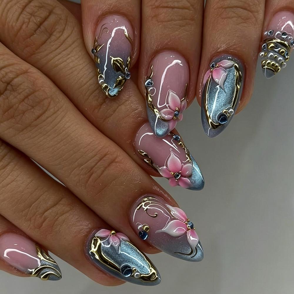 24pcs Long Coffin Press On Nails Nude Pink White Jelly Tips With Glue Rose Art Full Cover False Nails