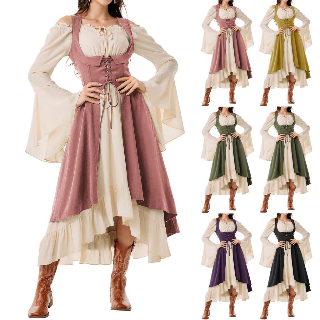 Women's Long Sleeve Dress Fall Casual T Shirt Loose Fit Pleated Front Dresses With Pockets