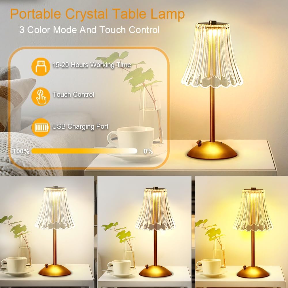 Crystal LED Table Lamp Touch Sensor Desktop Night Light Rechargeable Reading Lamp for Bedroom Bedside Hotel Bar Decor Dimmable