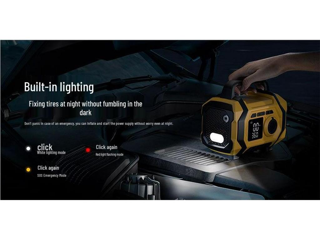 Car Emergency Jump Starter & Pump: All-in-One Ignition, Inflation, and Dust Blower.