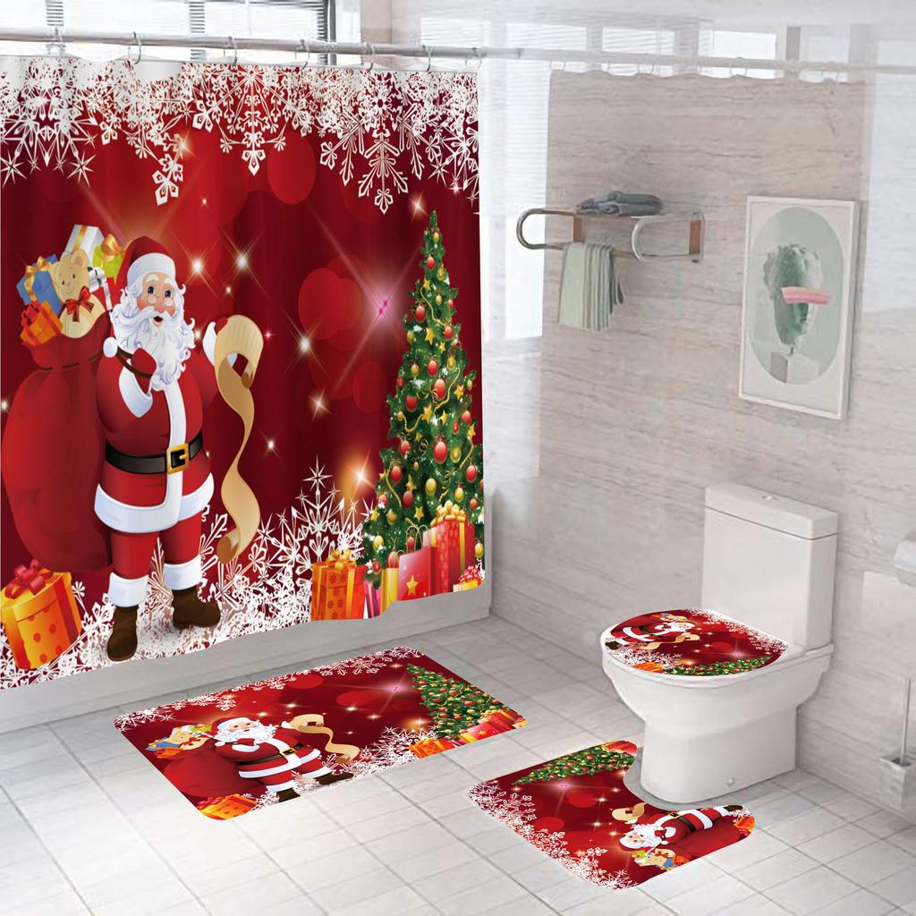 Marry Christmas Shower Curtain Red Santa Claus Printed Waterproof Polyester Bath Curtain For New Year Christmas Bathroom Decor