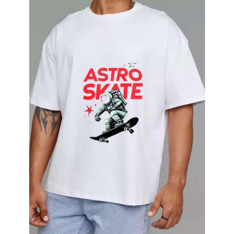 Astro Skate Tričko Bílé Astronaut na skateboardu s červeným textem a grafickým potiskem hvězd Streetwear Ležérní oblečení pro muže a ženy