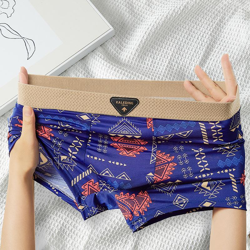 3pcs American Men's Underwear Retro Men's Underwear Ice Silk Breathable Flat Corner Pants Printed Four Corner Pants Boxer Brief