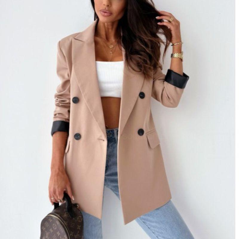 Spring and Autumn New European Fashion Commuter Ol Double Breasted Solid Suit Collar Mid-Length Long Sleeve Suit Outerwear Coat