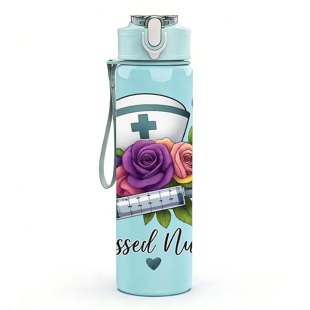 1PC Blessed Nurse Flower Badge 750ml Color Plastic Sports Water Bottle Leakproof Flip Straw Lid Suitable for Sports Office Home Use