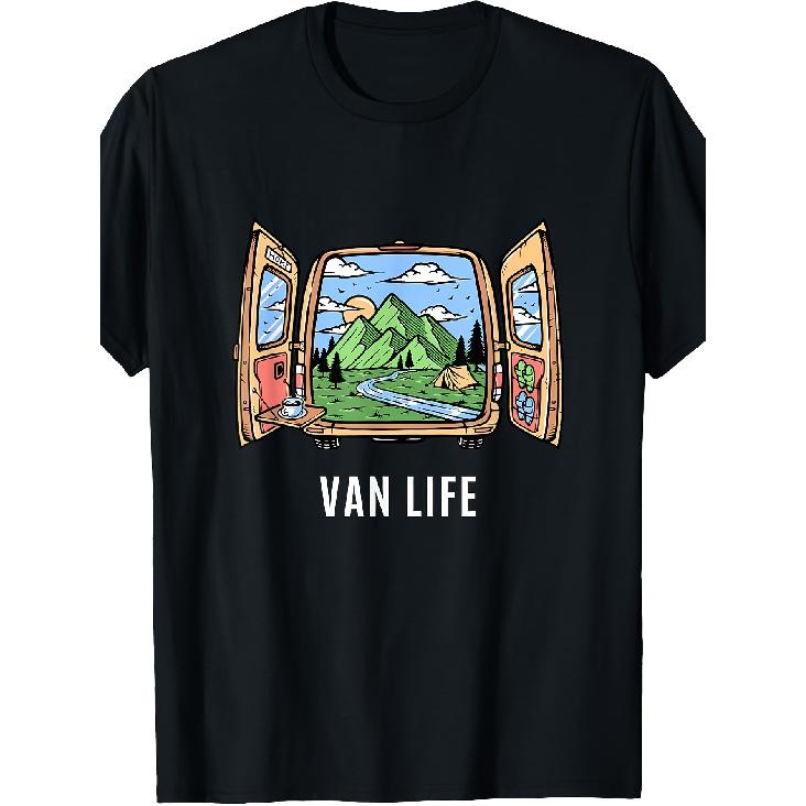 Men s Van Life T-Shirt - 100% Cotton Soft Stretchy Retro Camper Van & Mountain Outdoor Adventure Tee for Hikers, Nomads, Christmas Gifts & All-Season S чёрный