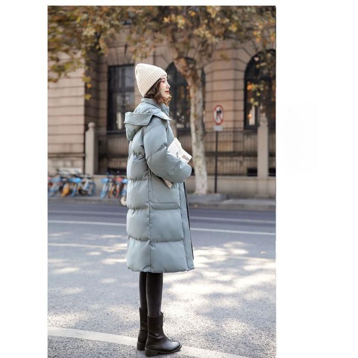 Løs vinterfrakk i dunbomull i koreansk stil for kvinner, mellomlang, tykk hettejakke