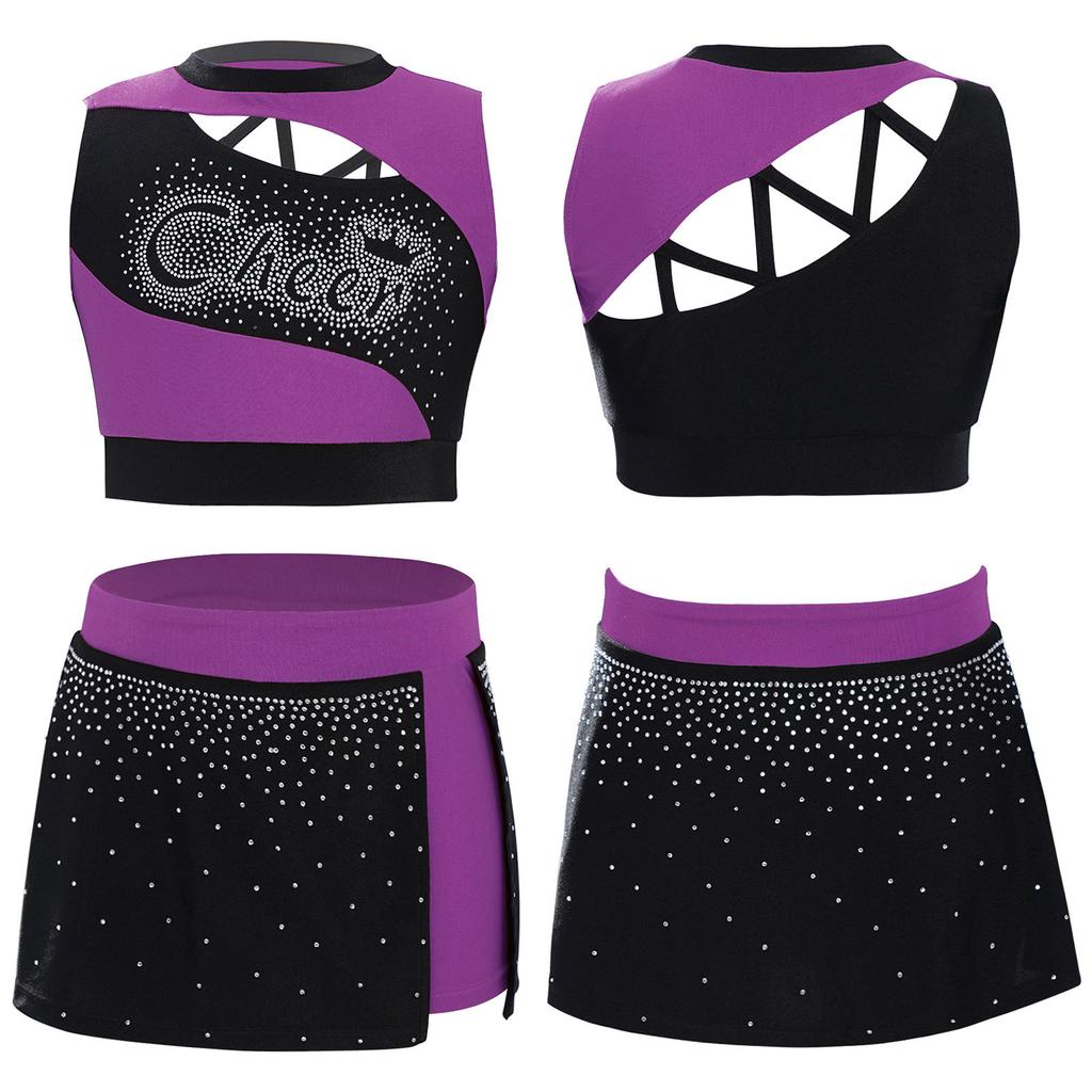 Kids Girls Cheerleading Dance Outfit Set Sleeveless Rhinestone Crop Top & High Slit Skirt for Cheer Competition, Stage Performance, Party Costume