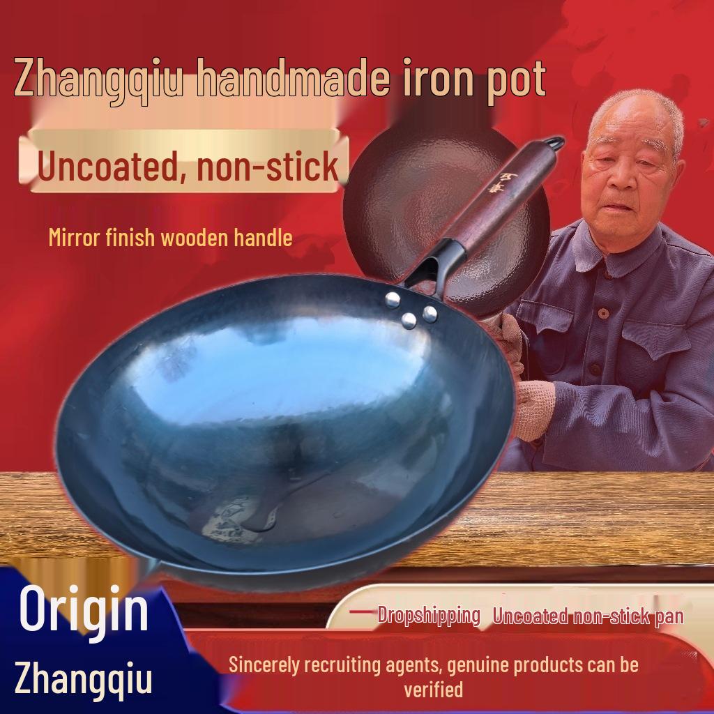 Handmade Non-stick Iron Wok with Wooden Handle and Mirror Surface, Hand-forged Traditional Frying Pan 32cm