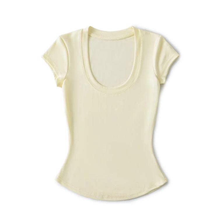 Summer new women's American Tencel U-neck short-sleeved front shoulder T-shirt Spice Girl solid color basic slim-fit and thin top