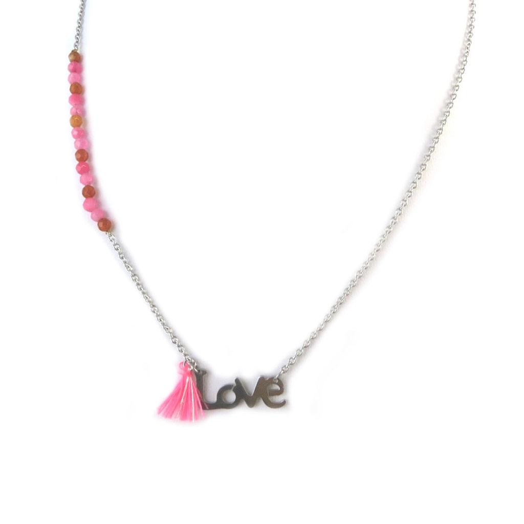Les Trésors De Lily [N7075] - 'Love' Steel Necklace Pink Silver Gray