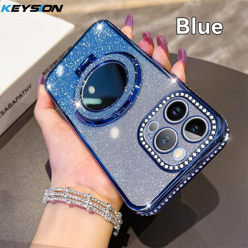 KEYSION Luxury Glitter Jewelled Magnetic Phone Case for iPhone 13 14 Pro Max Makeup Mirror Ring Stand Shockproof Back Cover