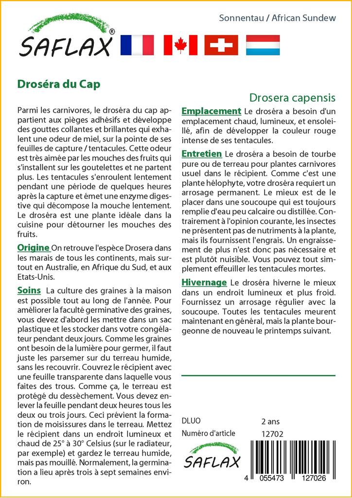 SAFLAX African Sundew - 200 Seeds - With Potting Substrate for Better Cultivation - Drosera Capensis