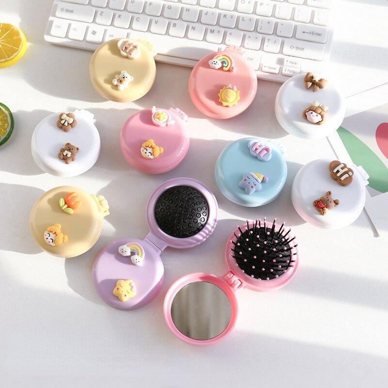 Cute Cartoon Folding Comb with Cosmetic Mirror for Girls Air Cushion Massage Portable Comb  Kids Dress Up Makeups Toy Gifts