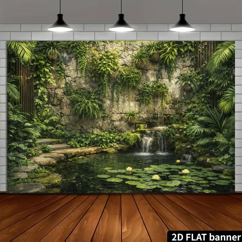 2D Lush Greenery Wall Mural with Waterfall and Lily Pads Photo Background