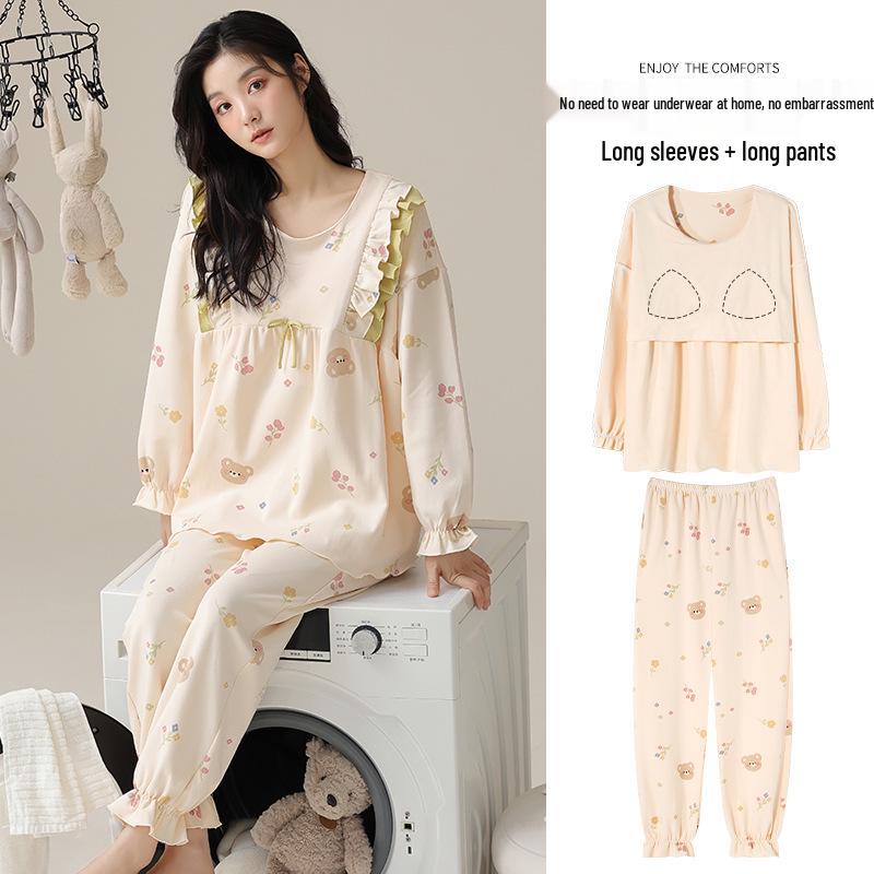 Women's Long-Sleeve Cotton Pajama Set with Chest Pads - Cozy Autumn/Winter Wear, Sweet & Stylish for Home or Outside