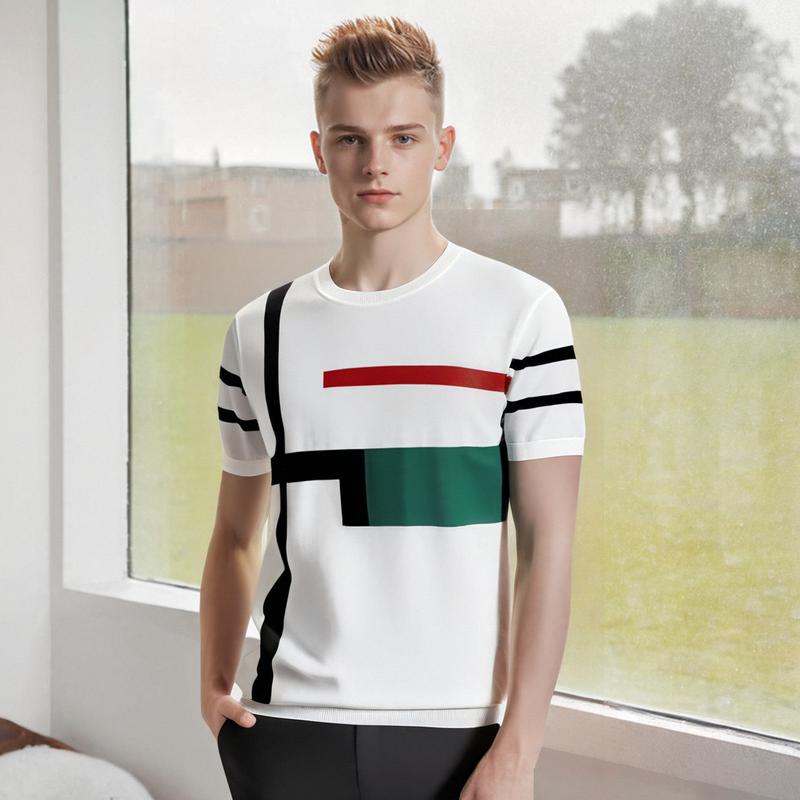 

2025 Personalized Patchwork Striped Thin Round Neck Short Sleeve T-Shirt Versatile Summer New Men s Trendy Knitwear M білий