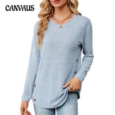 Spring and Autumn Women's Blouse Round Neck Long Sleeve Loose Button Long Sleeve Top
