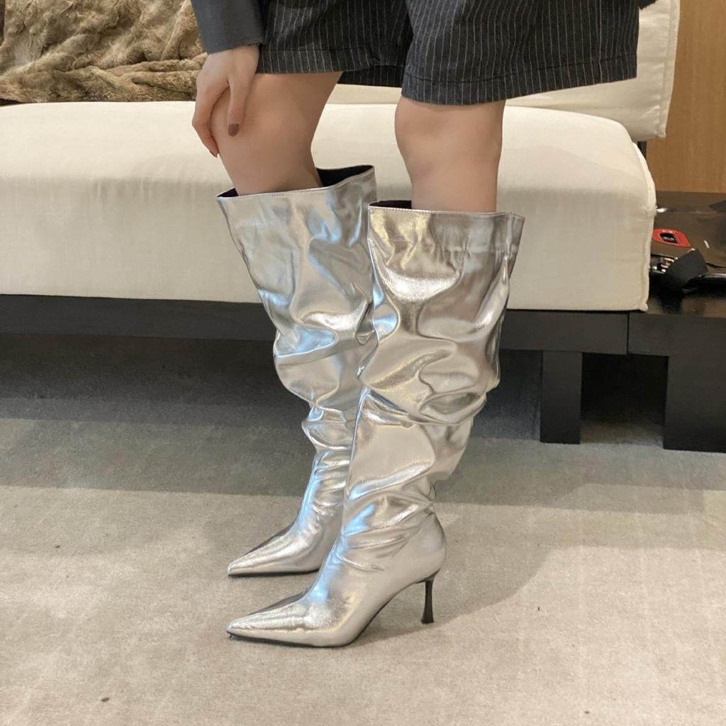 High-heeled Sleeve Pleated Piled Boots Women's 2025 Autumn and Winter Sexy Pointed Thin Heels High But Knee-long Boots