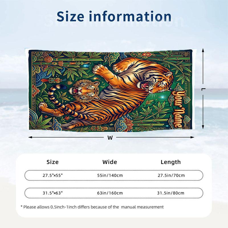 Tiger Art Poster Theme Quick Dry Beach Towel Custom Name Text Print Large Sand Resistant Towel Beach Vacation