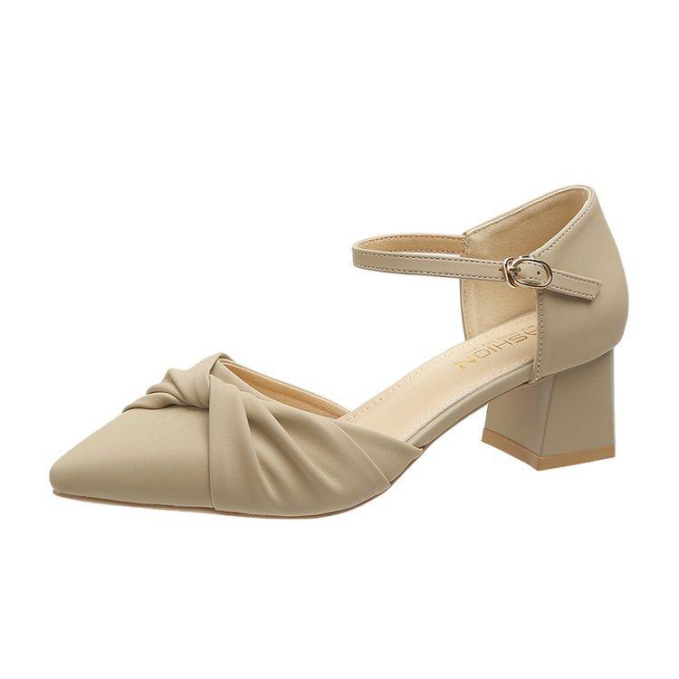 Damen High Heels neue koreanische Version dicker Absatz spitz plissiert Einzelne Schuhe Ein-Knopf Mode Sandalen