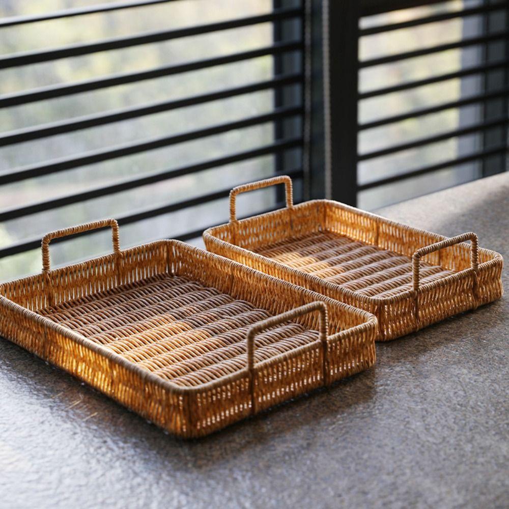 New Plastic Storage Tray with Handle Wicker Woven Woven Basket Multifunction Rectangular Serving Tray Dining Table