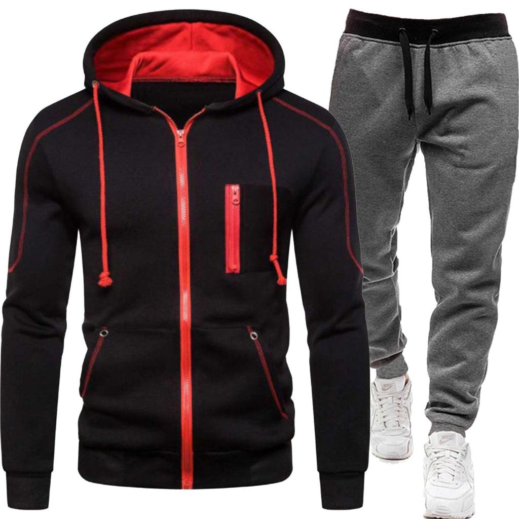 2026 Men's Casual Zipper Hoodie & Sweatpants Set - Solid Color