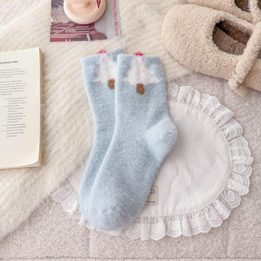 Blue Snowman Australian Velvet Socks Christmas Tree Girl Thickened Warm Confinement Socks Korean Winter Cute Mid-Leg Socks