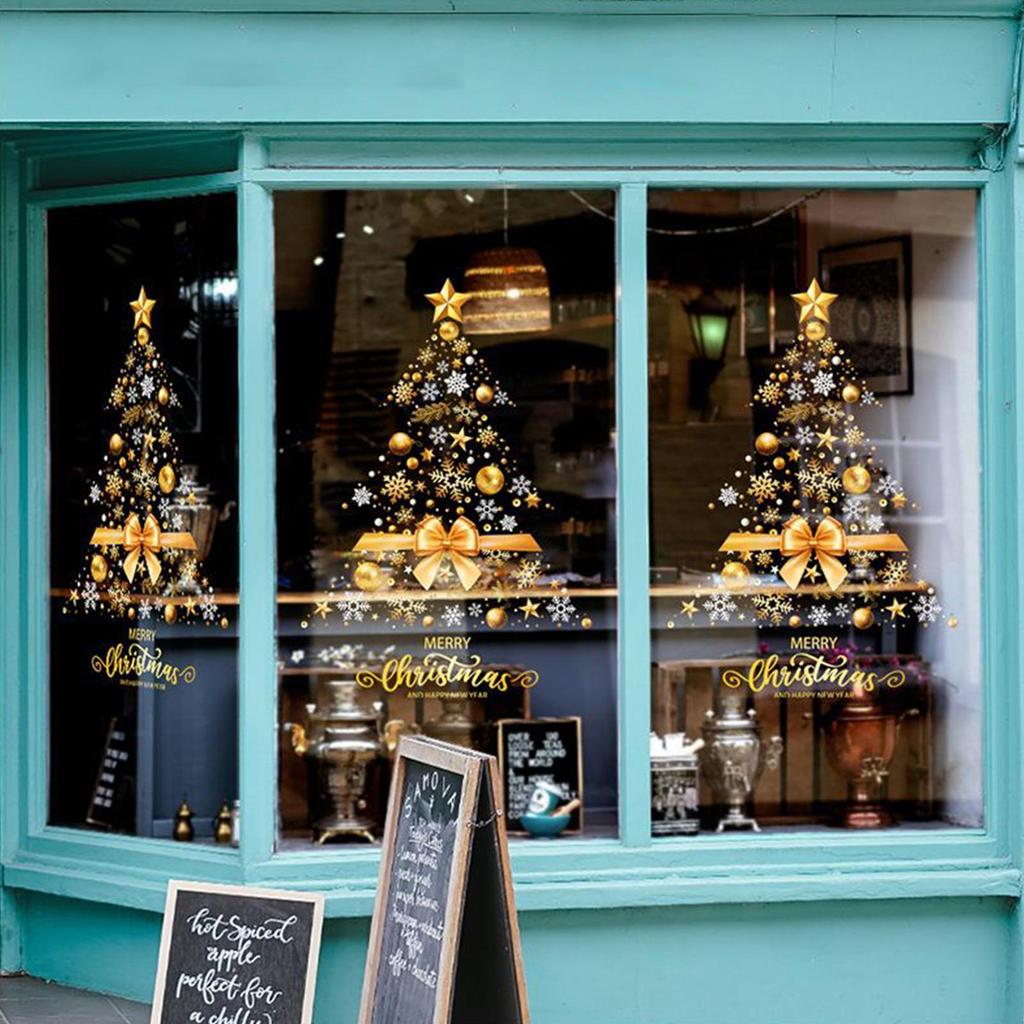 Christmas Window Stickers Large DIY Static Decorations Removable Golden Christmas Tree Decals for Wall Door Mirror Home