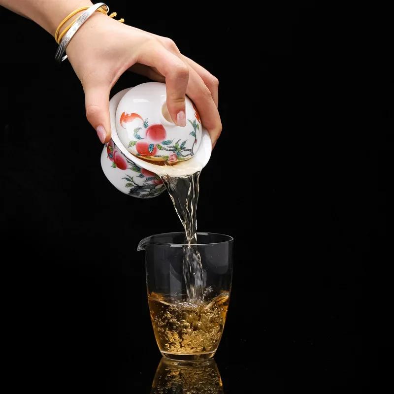 Tea Gaiwan Tea Cup White Jade Ceramic Teacup Peach Pattern Bowl Shaped Tureen Chinese Kung Fu Teaware Gift Drinkware