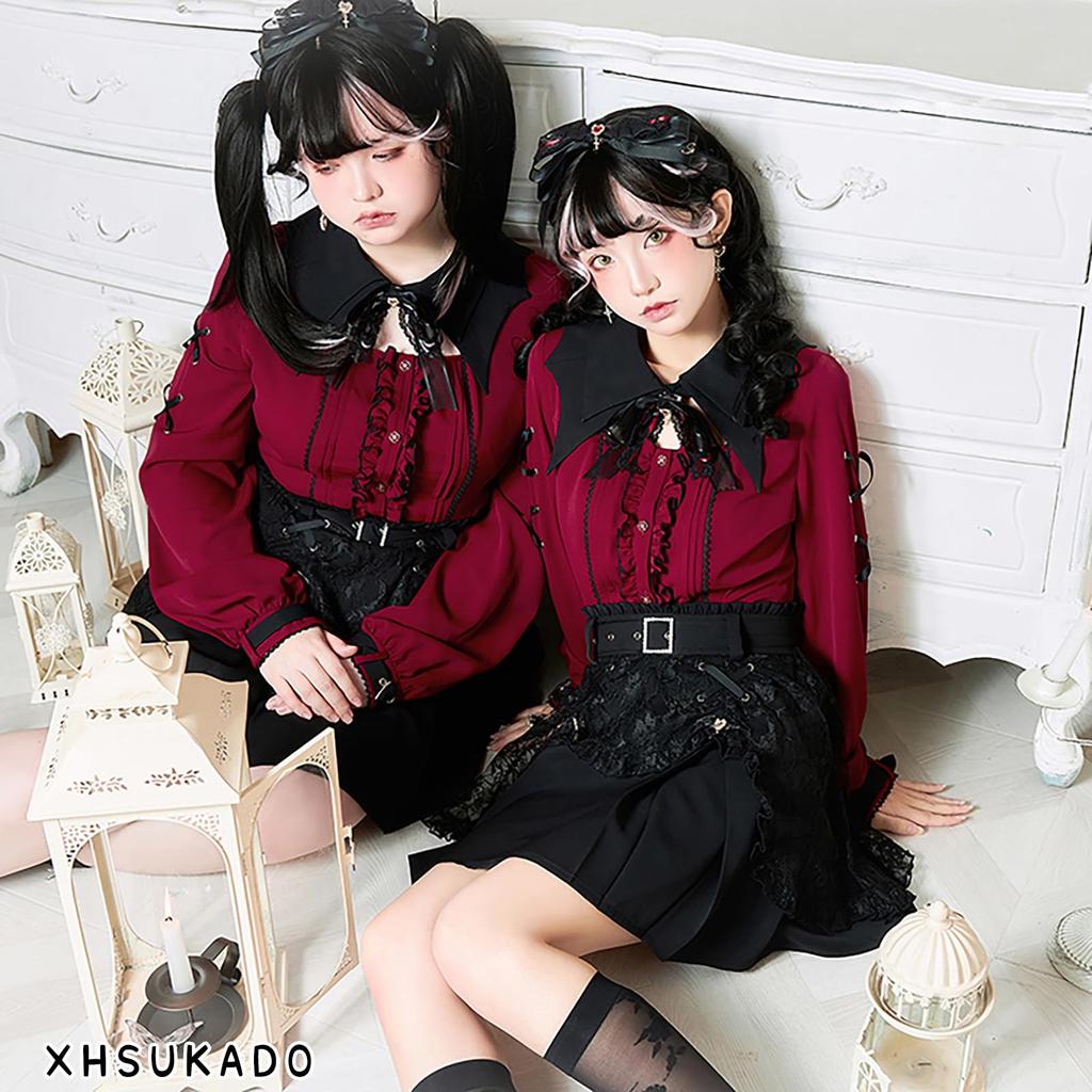 XHSUKADO Long Detachable Ribbon and Ruffled Gothic Yami Student Size S Women's Lace-Up Blouse, Sleeve, Spring/Autumn, Brooch, Lace, Style, Kawaii,