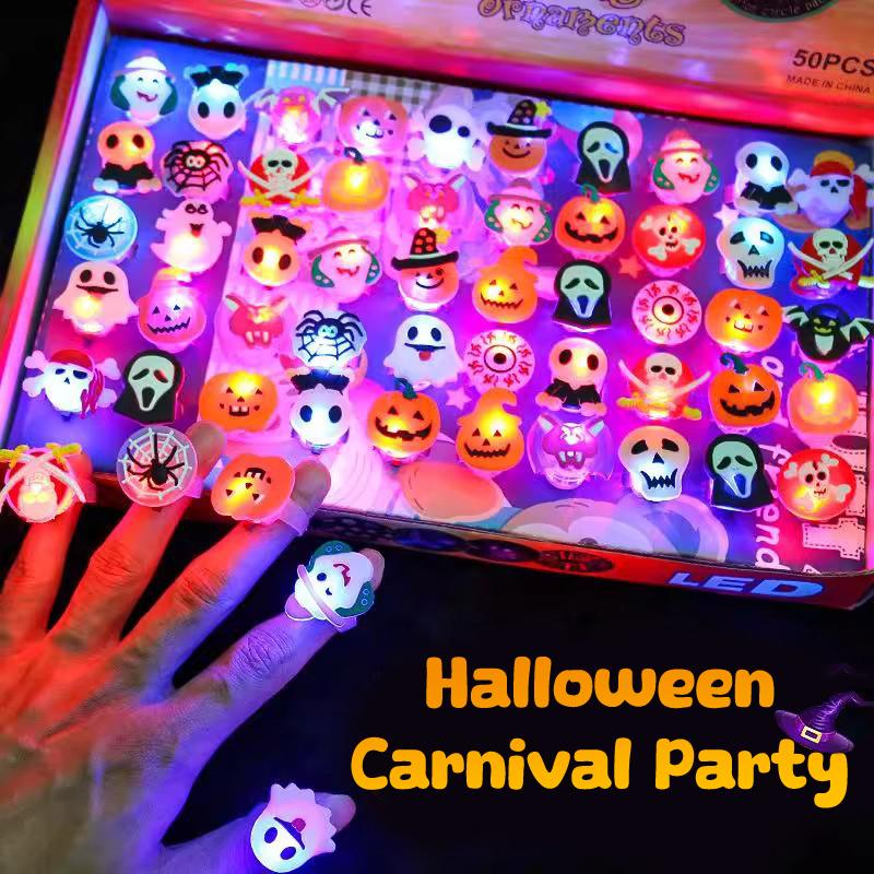 Kids Halloween Glow Rings 10-50 Pcs-Luminous LED Jewelry for Trick or Treat,Halloween Party Favors with Glow in The Dark Effect