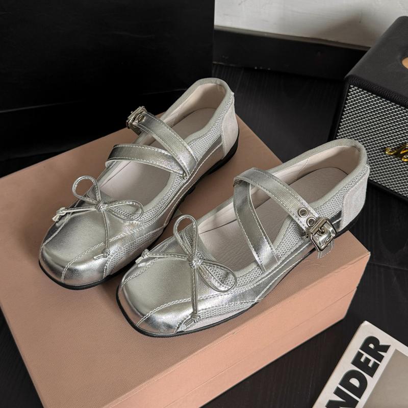 Fashion Designer Silvery Butterfly-knot Women Flats Shoes Square Toe Eelgant Soft Sole Mary Jane Shoes
