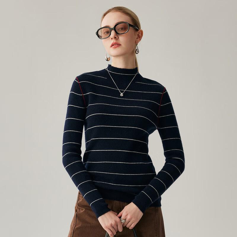 Zhaojun Women's 100% Cashmere Half-Turtleneck Striped Sweater