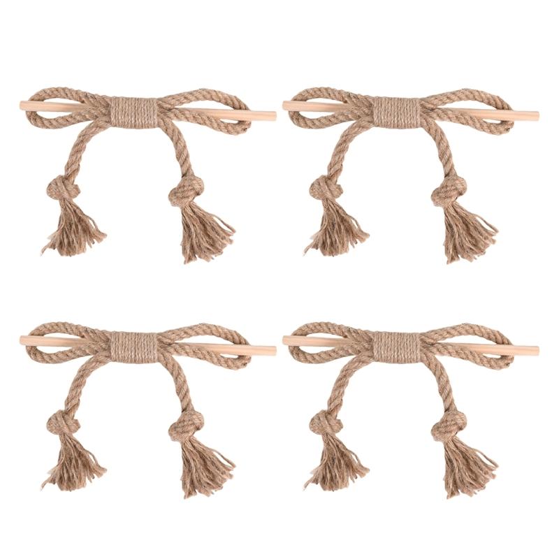 4 Pack Wood Stick and Braided Cotton Linen Rope Curtain Ties for Living Room Bedroom Window Drape Tiebacks Holdbacks