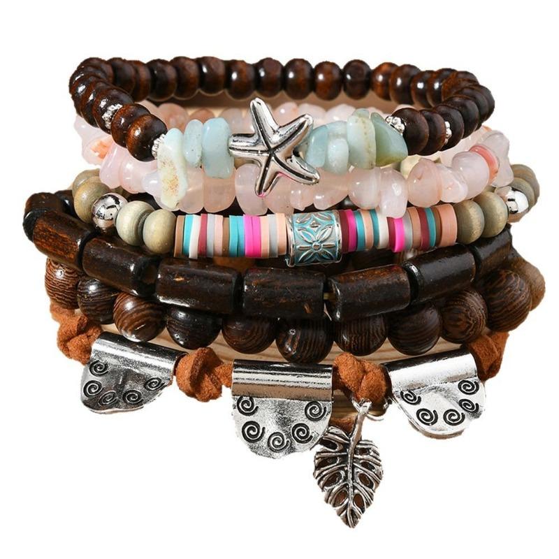 6-teilige neue Holzperlen Armbänder aus Hühnerflügelholz und Kieselsteinen mit weichen Tonperlen für Damen und Herren sind für den täglichen Gebrauch geeignet.