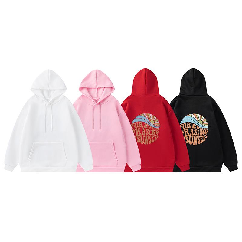 2024 Women's Fleece-Lined Sunset Print Hoodie with Kangaroo Pocket & Drawstring