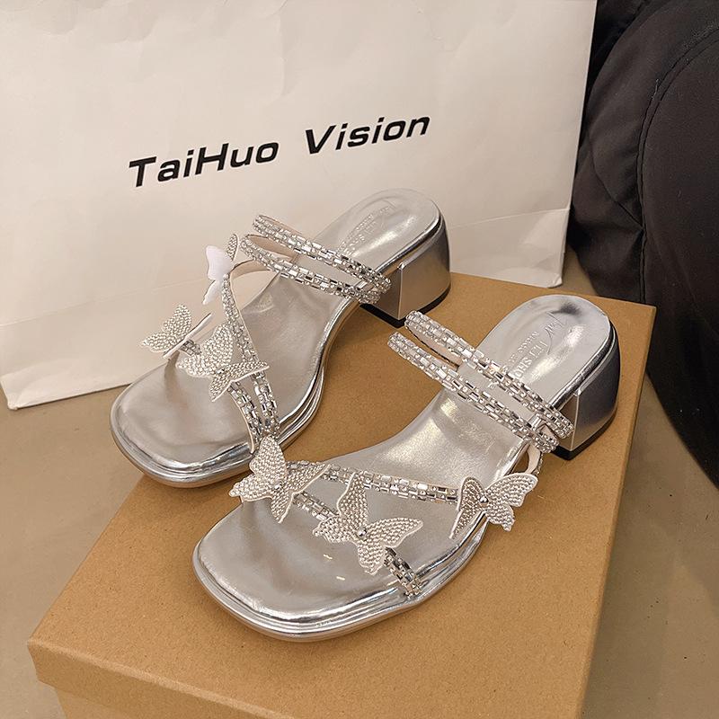 

2025 autumn new casual fashion round head rhinestone with skirt sandals platform slippers women s outer wear 35 серебряный