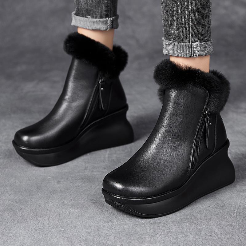 GKTINOO Genuine Leather Women Boots Retro Shoes Rabbit Fur Winter Round Toe Double Zipper Handmade Concise Platform Boots