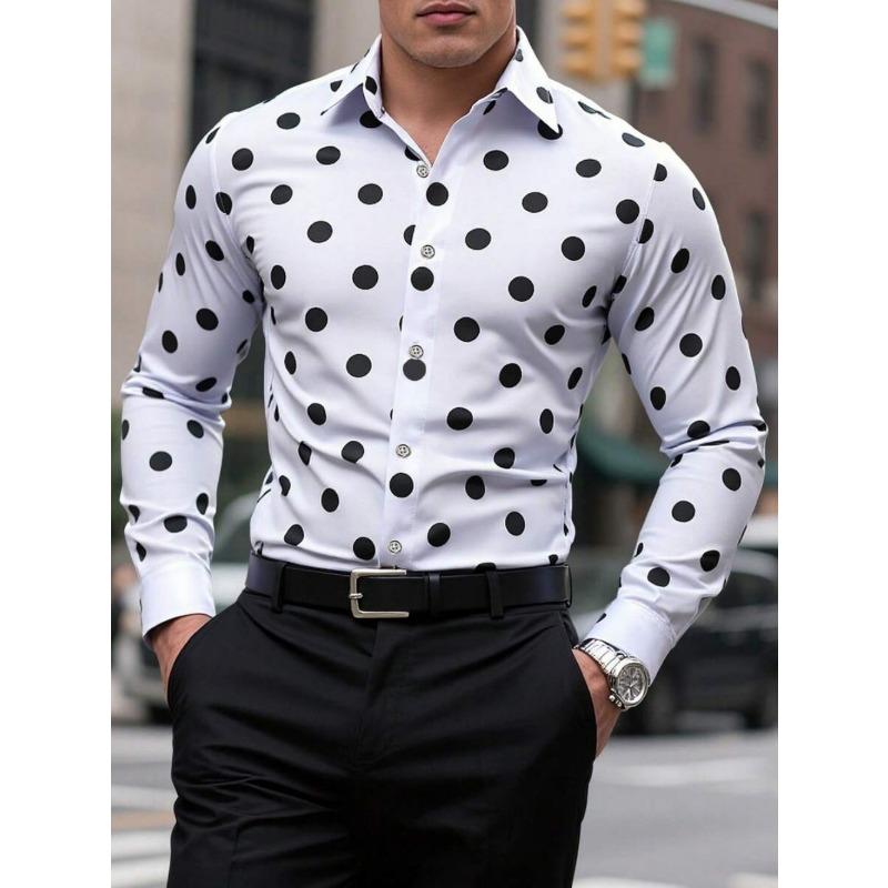 Men's Polka Dot Shirt Casual, Breathable, Comfortable, Fashionable and Trendy Men's Long Sleeved Shirt, Lapel Shirt