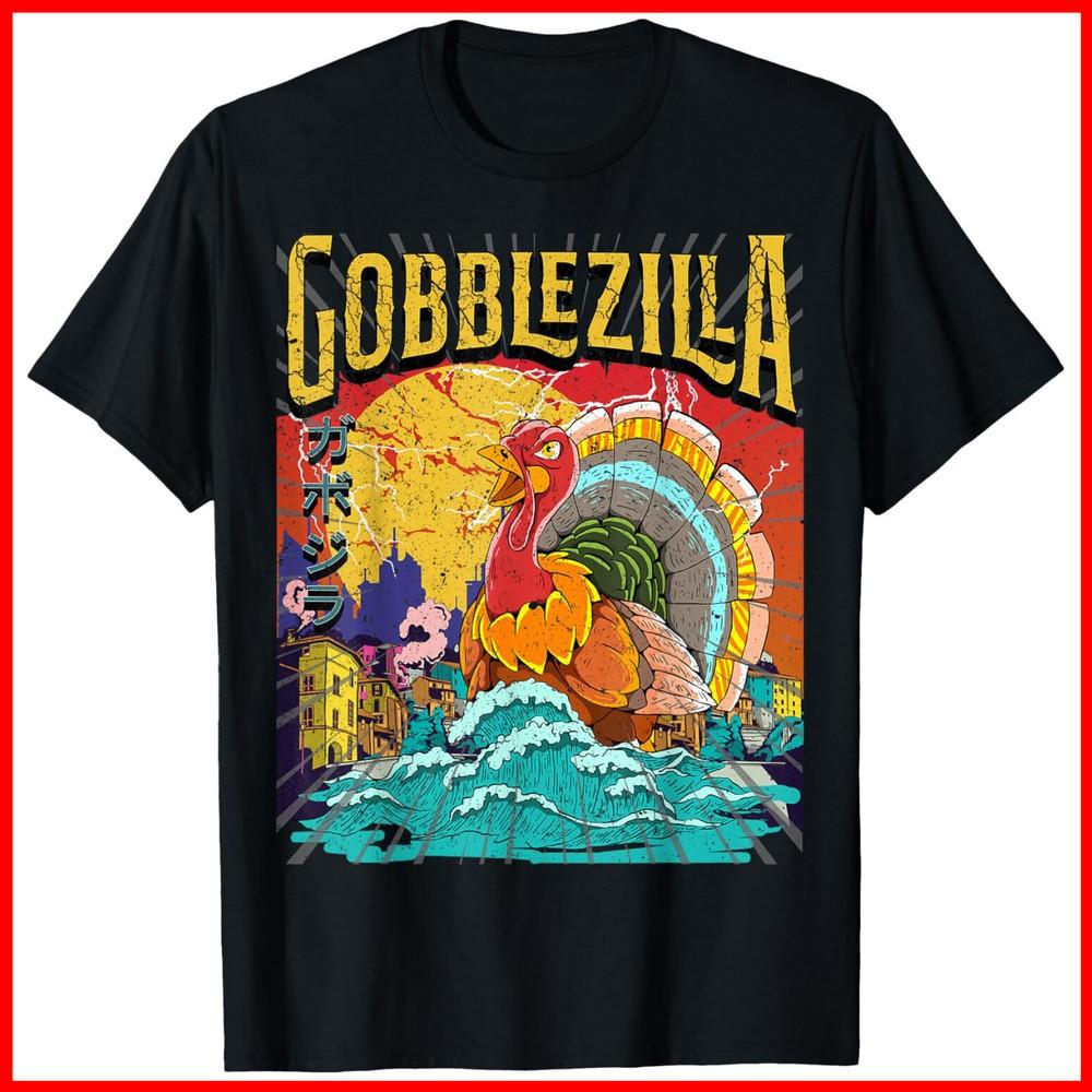 Turkey Day Thanksgiving Gobblezilla Black Cotton T-Shirt Unisex T-Shirt L