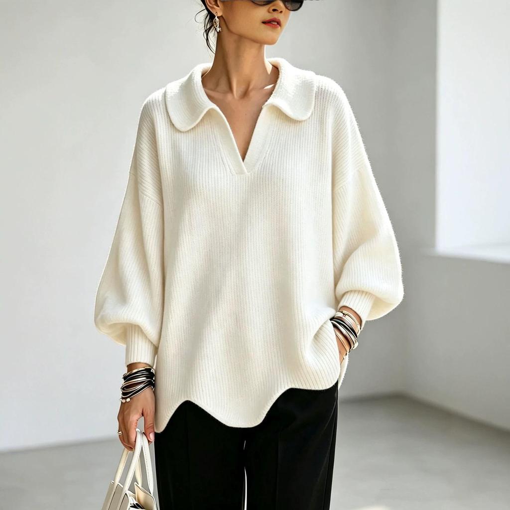 Women's Casual Solid Color Knit Sweater - Long Sleeve Pullover