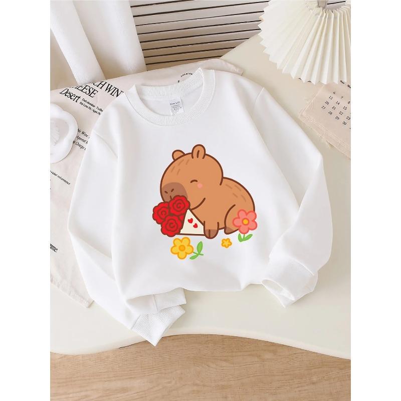 European sizes Kids Crewneck Sweatshirt - Cute Bear Holding Red Roses | Sportswear and Casual Wear, Soft and Comfortable 110 белый