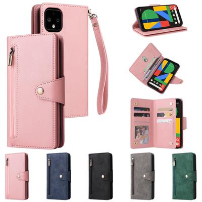 Luxury PU Leather Case Credit Holder Folio Flip Cover Zipper Pocket Kickstand with Wrist Strap For iPhone Samsung OnePlus Google