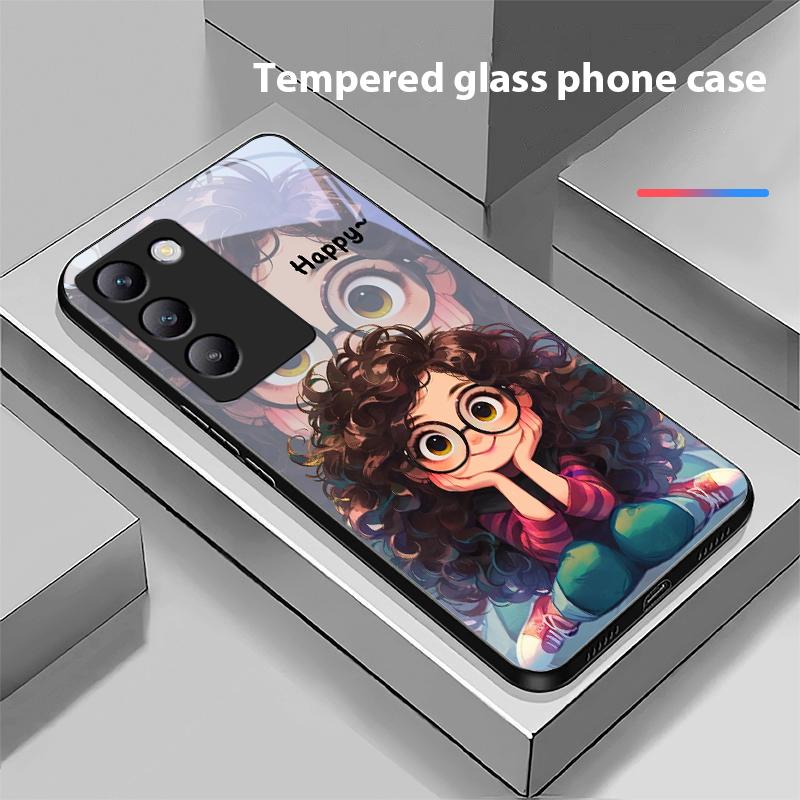 Mädchen mit lockigen Haaren Für Y72 33S 11 03 36 96 Lite 35 16 Iqoo 12 V40 SE 5G 29 40 21 30 X80 Pro Vivo Gehärtetes Glas Handyhülle Schwarz