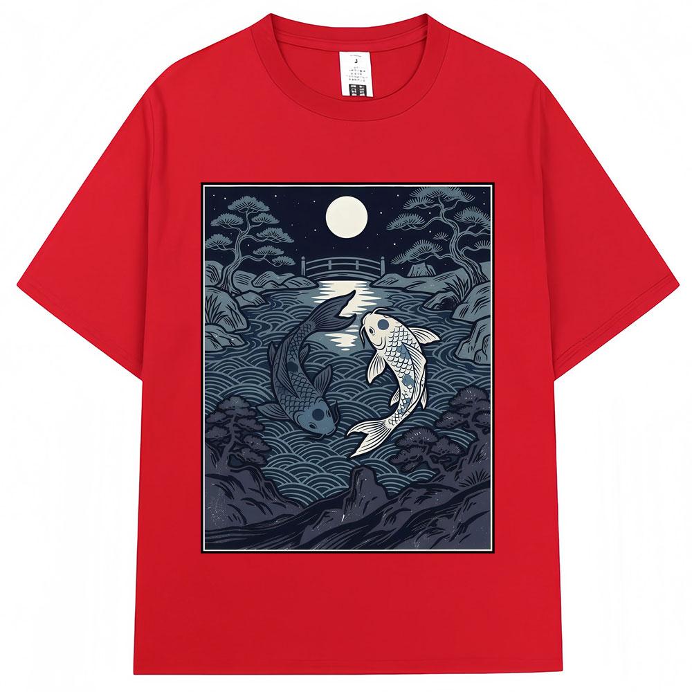 Japanese Style Yin Tang Koi Fish Moonrise Graphic T Shirt   Fashion Vintage T-shirts Oversized Cotton Casual Y2k T-shirt