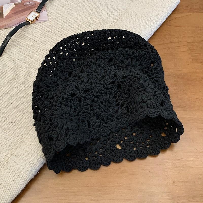 

Весенне-осенняя вязаная крючком женская шерстяная шапка, тонкая, ажурная, ручной работы, женская вязаная крючком шапка, летняя повязка на голову чёрный