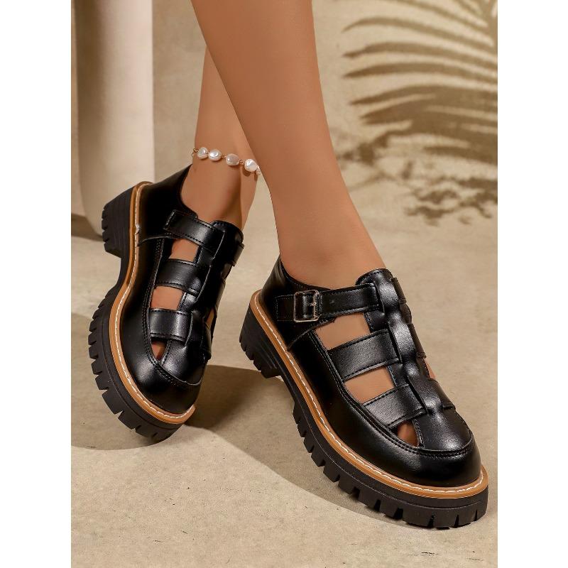 Women's Breathable Hollow Thick-Soled Loafers With Buckle Detail, Fashionable Comfortable Footwear, Available In Large Sizes.
