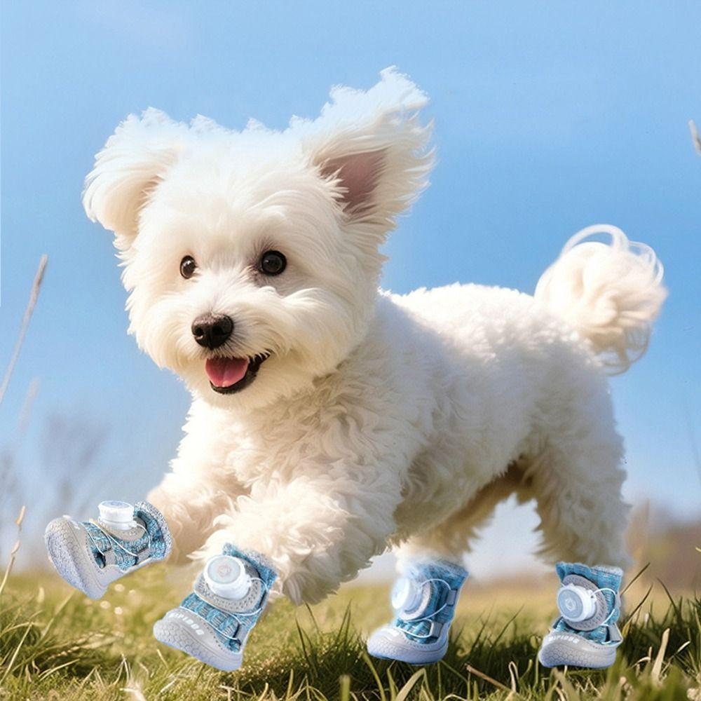 4Pcs/Set Fashion Breathable Button Dog Shoes Reflective Anti-slip Dogs Mesh Shoes Soft Sole Comfortable Dog Footwear Summer