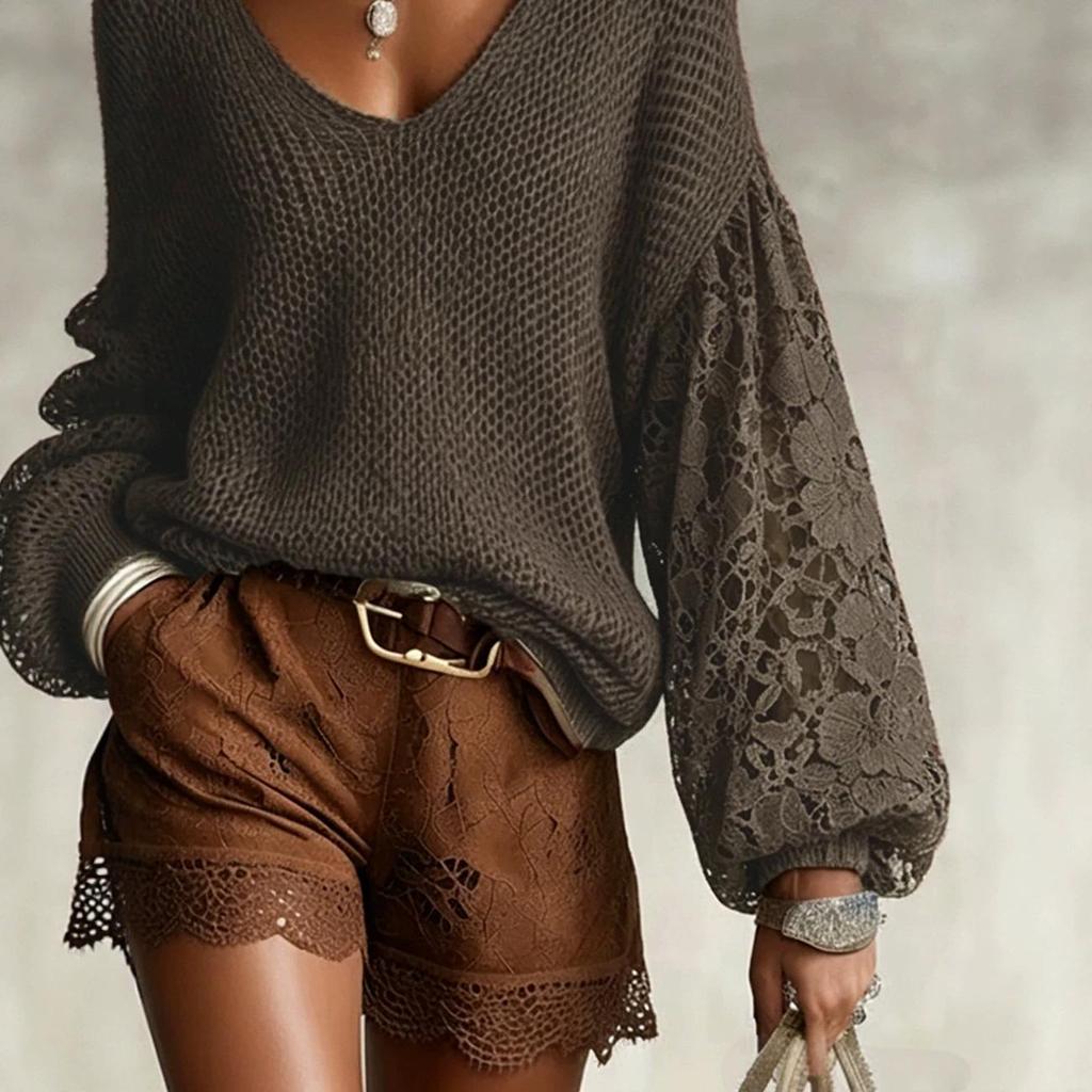 2026 Europäischer & Amerikanischer Damen Spitzen-Hohl-Laternenärmel V-Ausschnitt Strickpullover Pullover